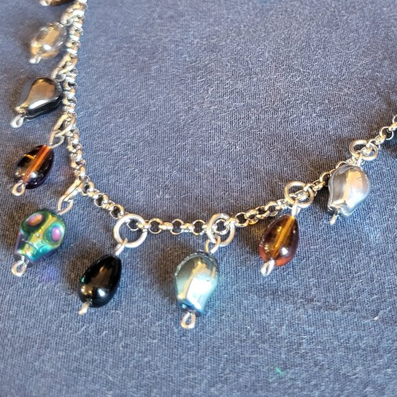 Skull & Drops Charm Necklace - Blue accent bead - Stainless Steel - Picture 2 of 3